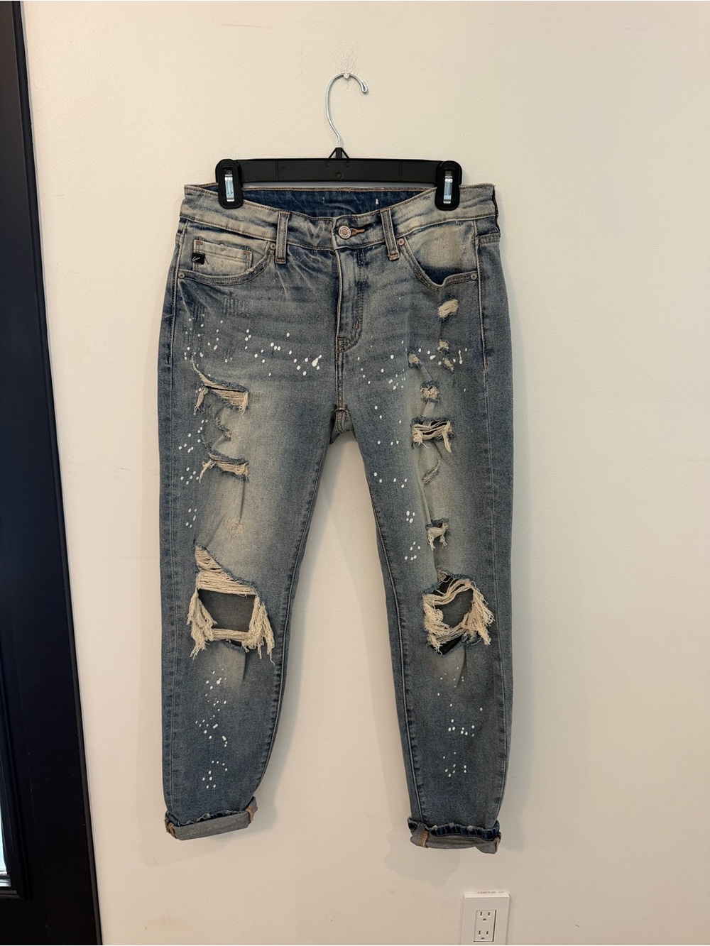 KanCan Light Blue Distressed Baggy Boyfriend Jeans with Paint Splatters